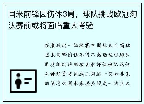 国米前锋因伤休3周，球队挑战欧冠淘汰赛前或将面临重大考验