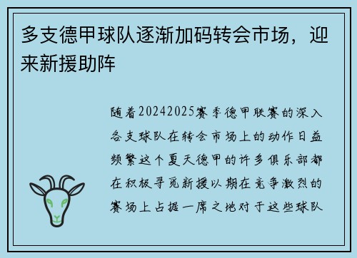 多支德甲球队逐渐加码转会市场，迎来新援助阵